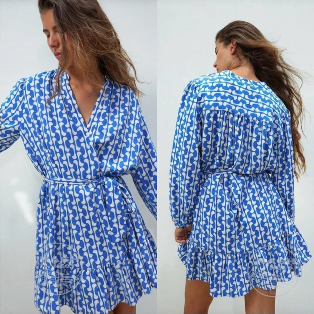 Zara Blue and White Long Sleeve Wrap Dress Geometric Print Summer Resort Size XS